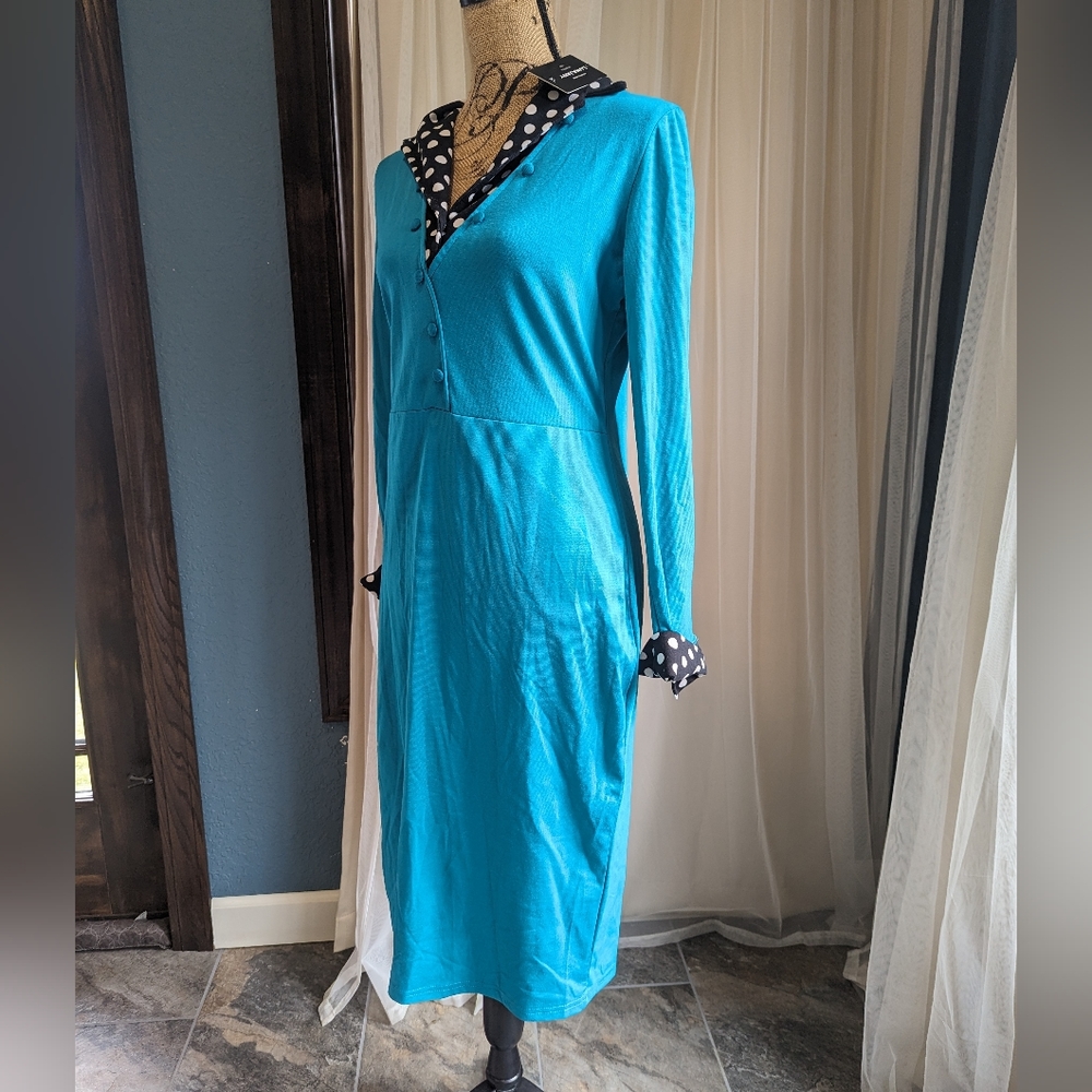 Teal with Polkadot contrast Pencil dress - Picture 4 of 7